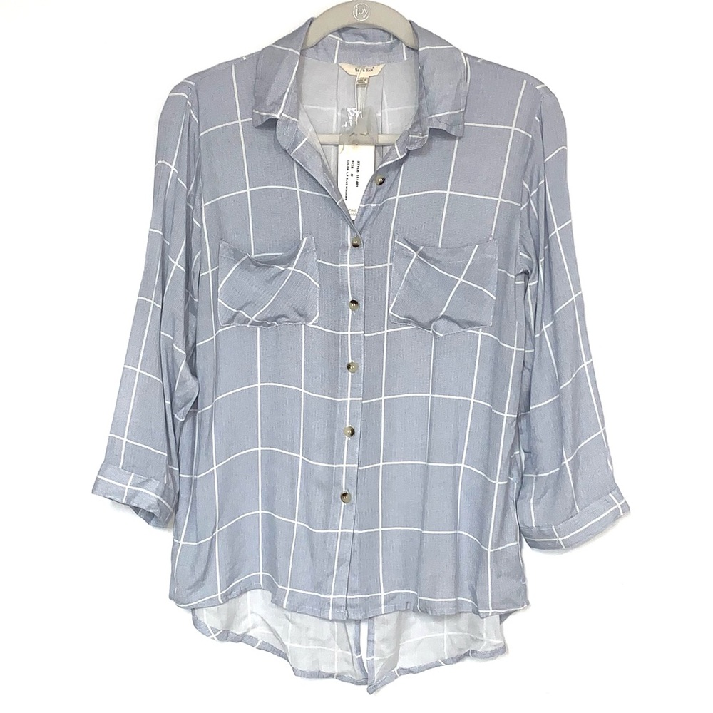 Sim & Sam Gray Blue Window Stripe Button Down Blouse Women’s Size Medium NWT